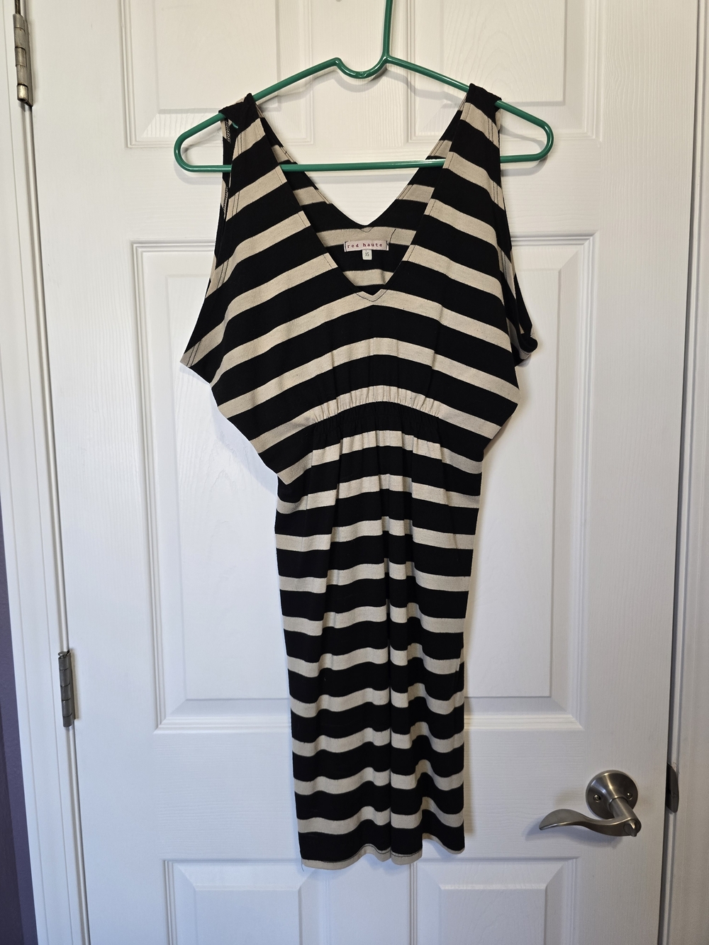 Red Haute Black and Cream Striped V-Neck Midi Dress